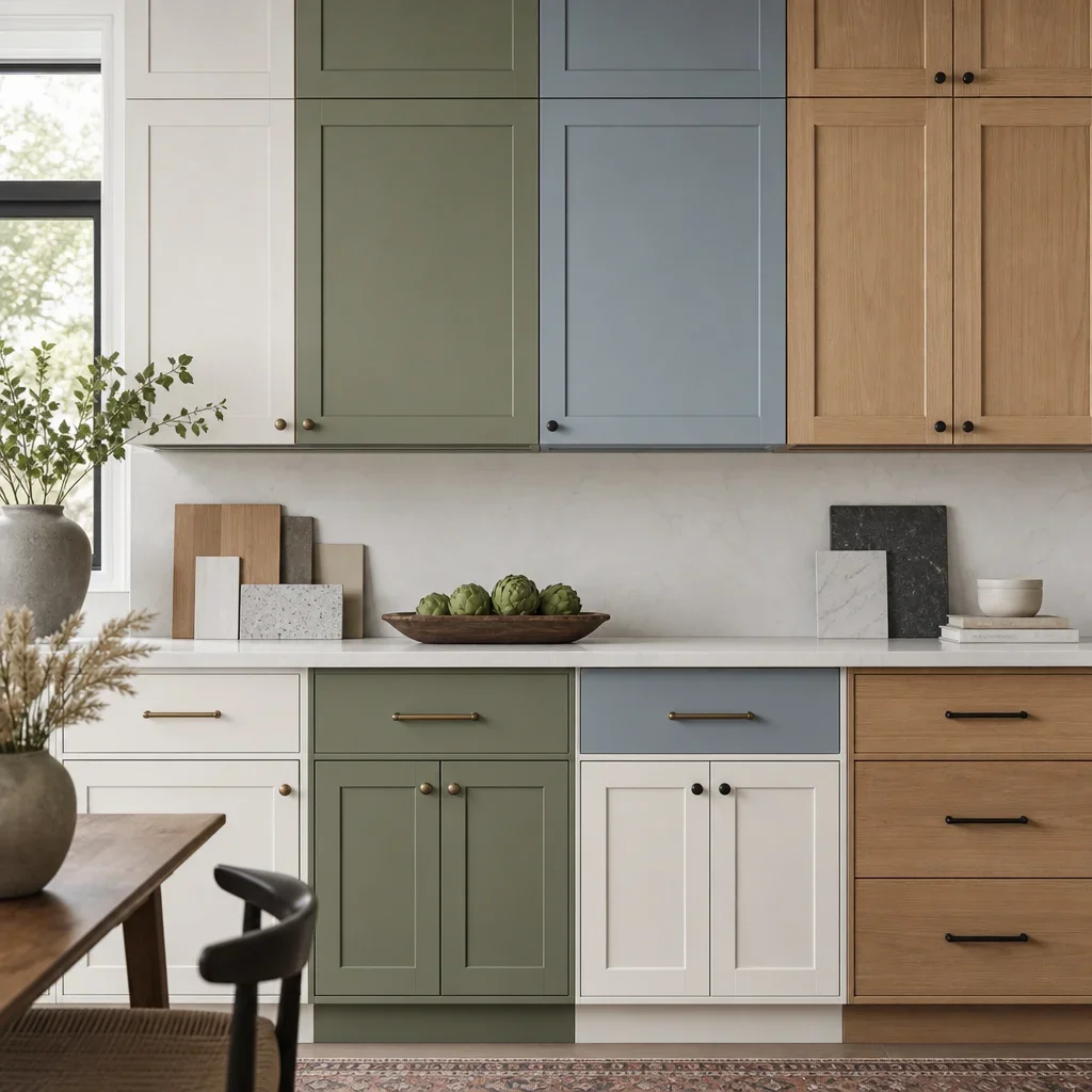 A kitchen color palette featuring warm white, muted green, soft blue, and wood tones.