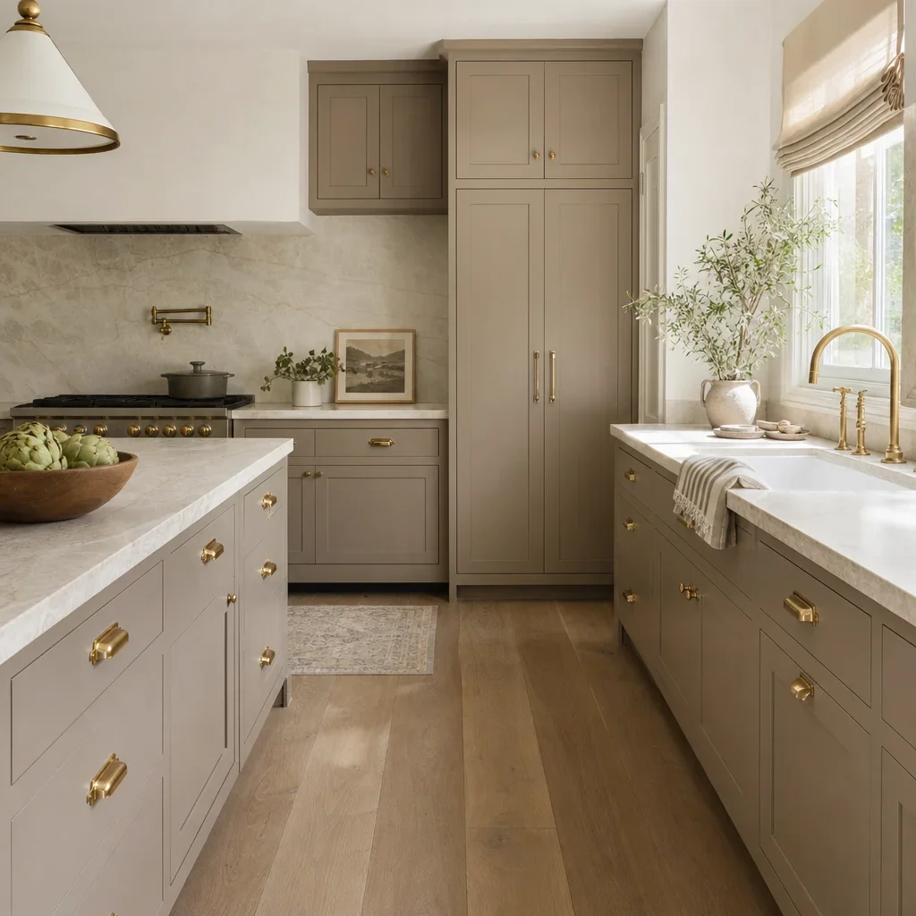 A refined kitchen with mushroom cabinets, warm white walls, and brass hardware.