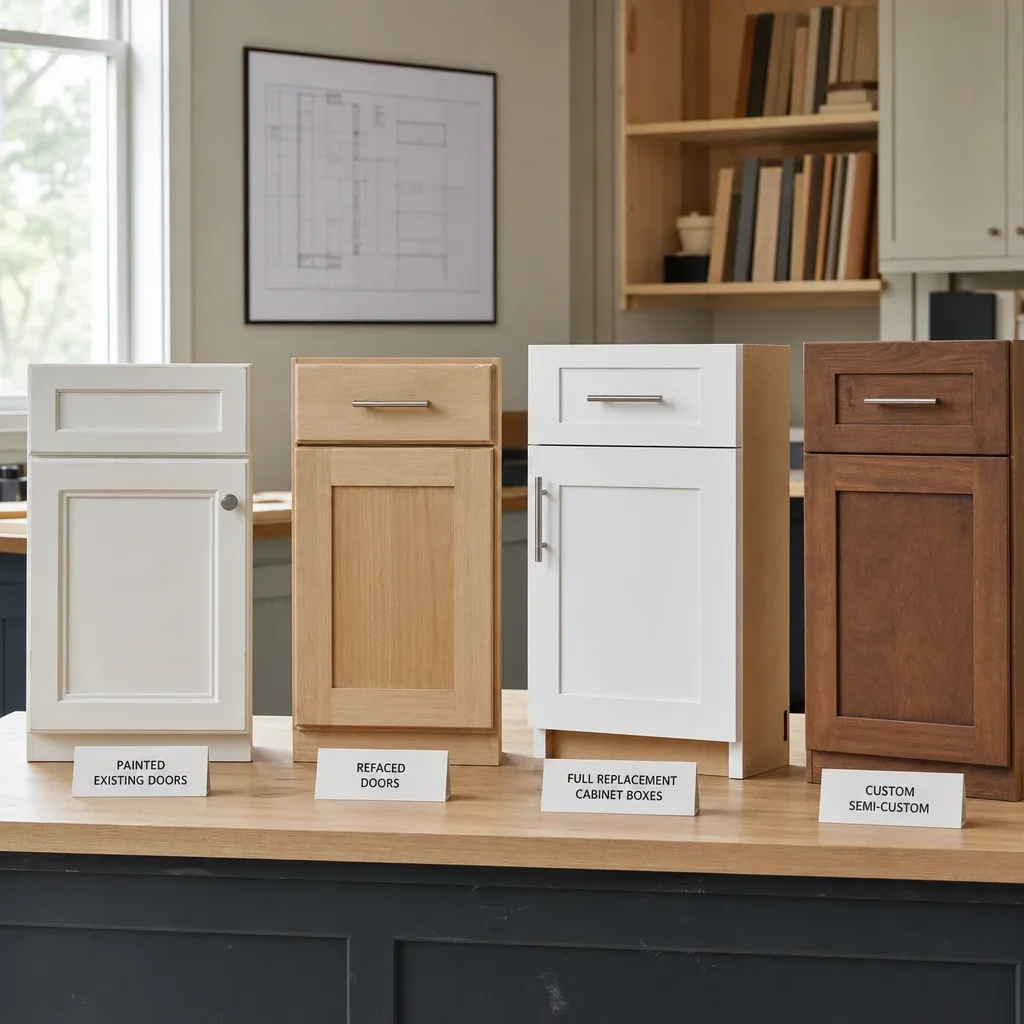 A cabinet options comparison showing paint, reface, replace, and custom choices.