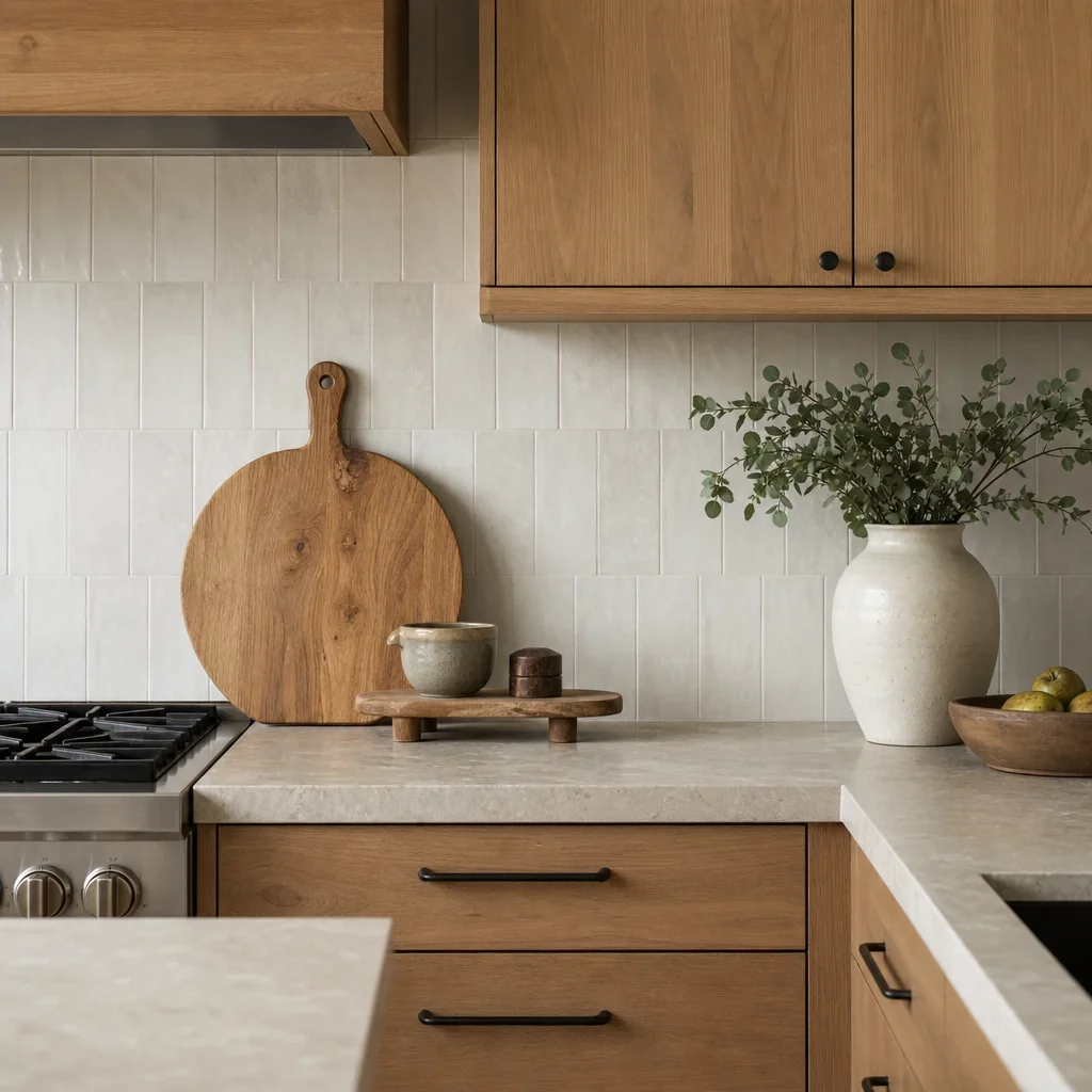 Cohesive kitchen finishes showing cabinets, countertop, and backsplash together.