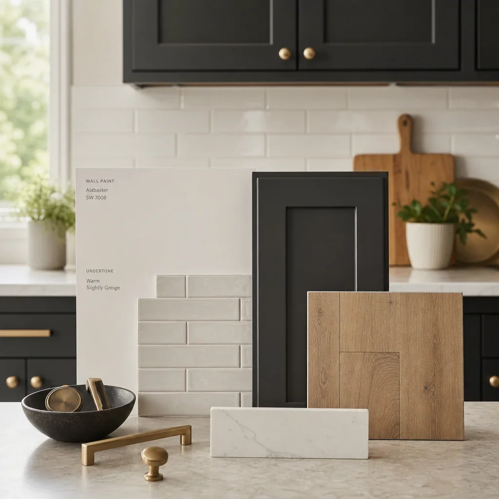 Kitchen palette showing dark cabinets with backsplash, hardware, paint, and flooring samples.