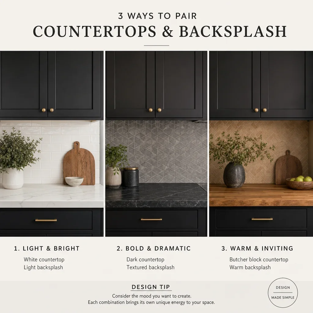 Kitchen design comparison of dark cabinets paired with different countertop and backsplash combinations.