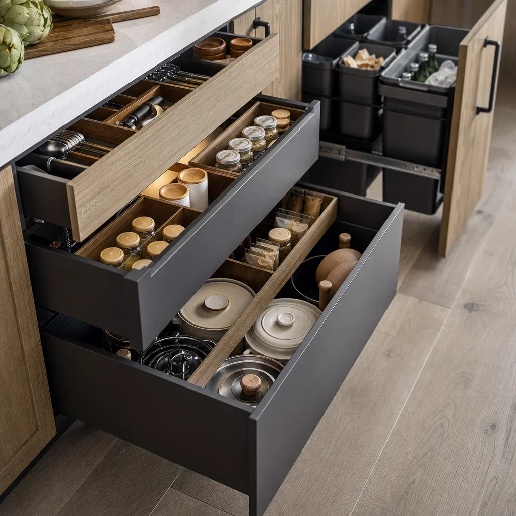 Custom kitchen storage drawers with organizers and pull-outs.