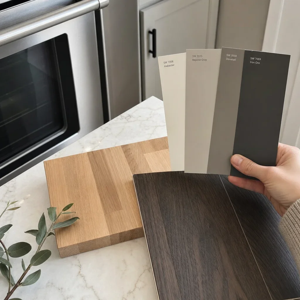 Kitchen finish samples and paint swatches arranged to show how existing finishes guide color choice.