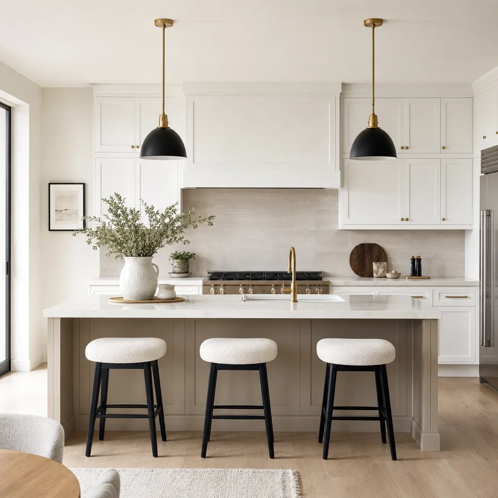 A kitchen styled to show the 60-30-10 color balance with warm white, greige, and brass accents.