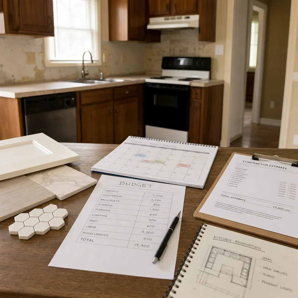 A kitchen renovation planning scene with budget notes, samples, and a timeline.