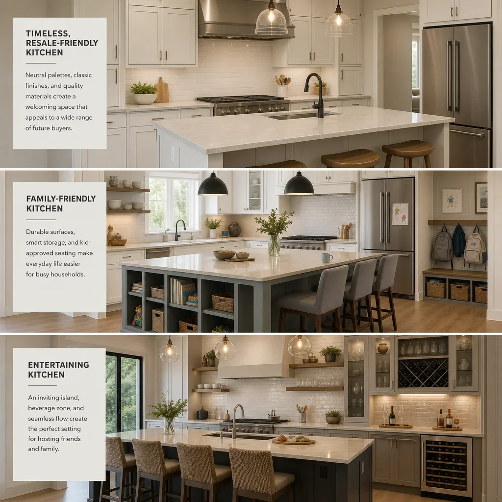 Three kitchen goal types: resale, family use, and entertaining.