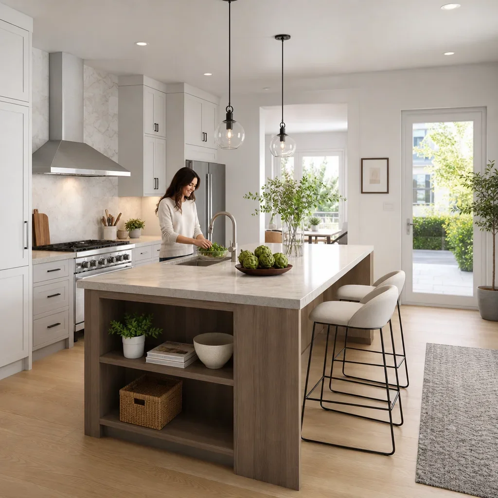 Modern kitchen with a properly sized island and clear walking space.