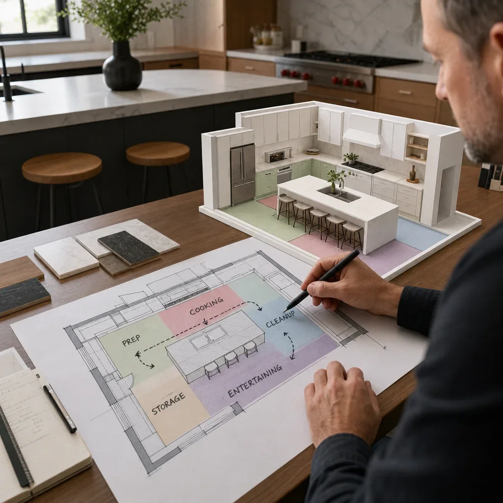Designer marking kitchen workflow zones on a floor plan.