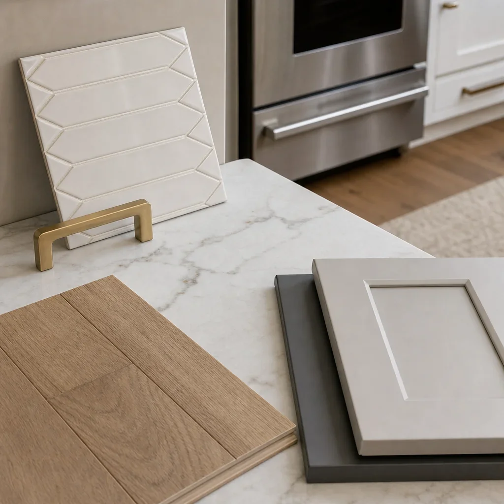 Kitchen material samples showing how cabinets, counters, backsplash, appliances, and flooring coordinate.