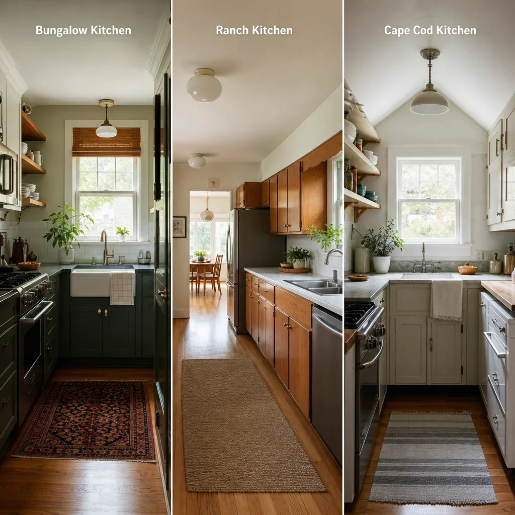 A comparison of kitchen layouts suited to a bungalow, ranch, and Cape Cod home.