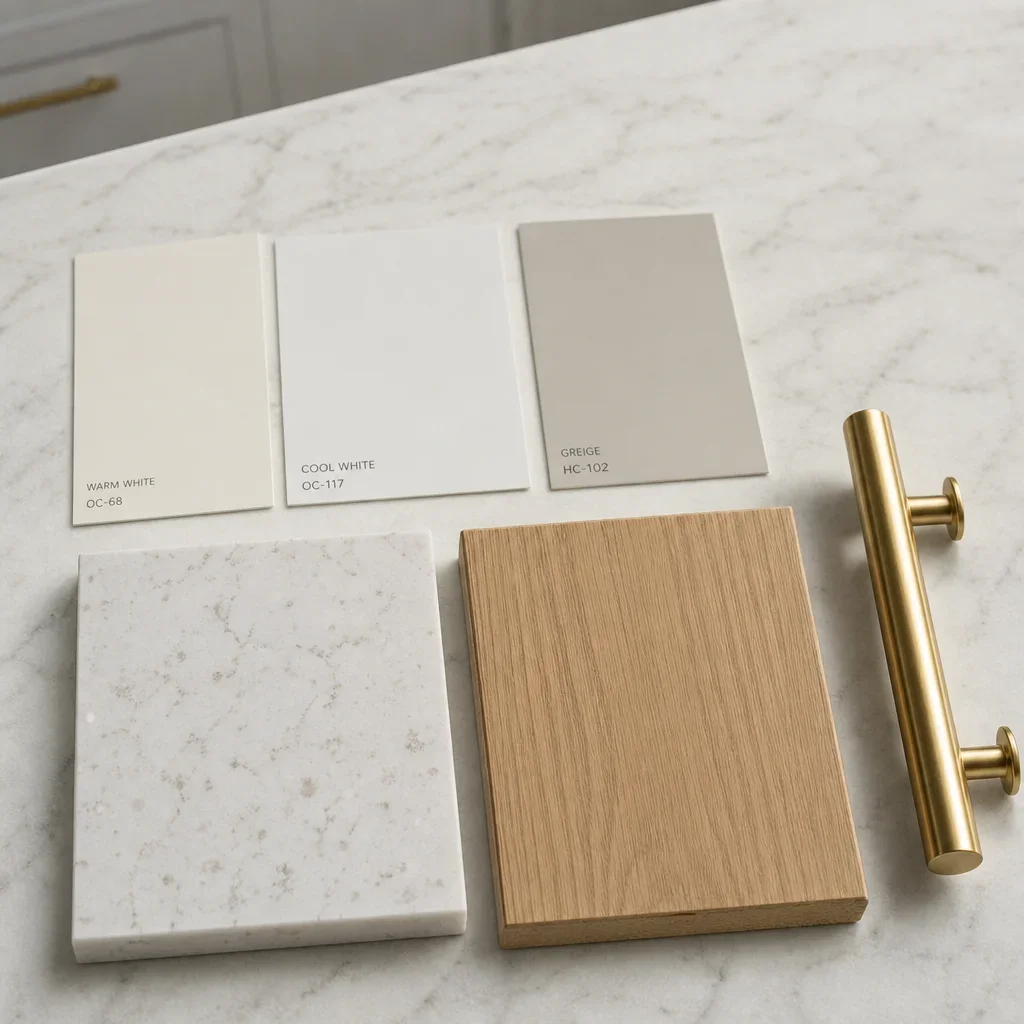 Kitchen finish samples arranged together to compare warm and cool undertones.
