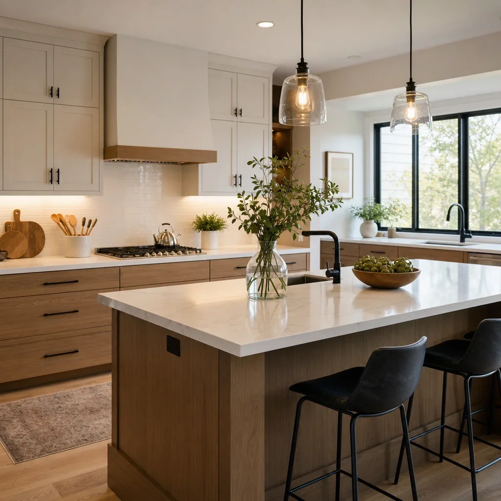 Bright kitchen with layered lighting and natural daylight.