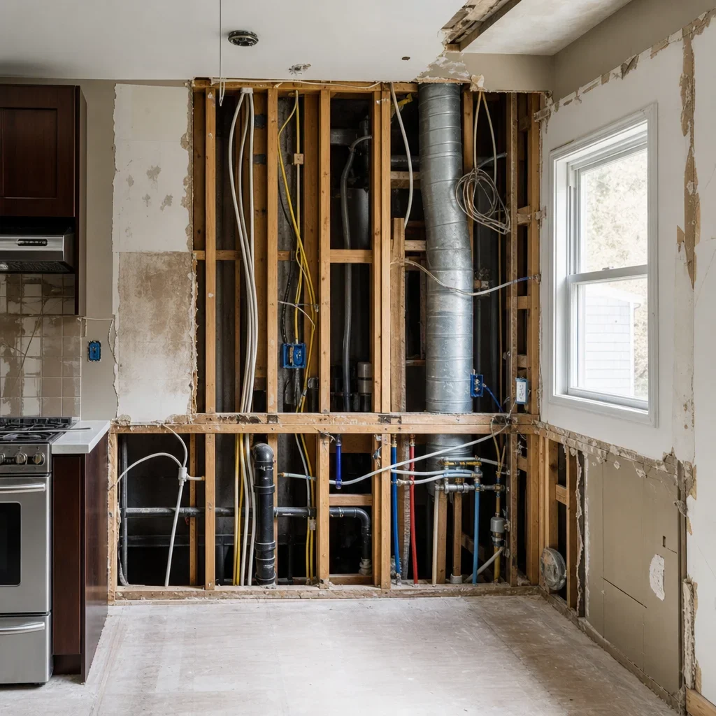 An older kitchen opened up to show electrical, plumbing, and ventilation work during renovation.