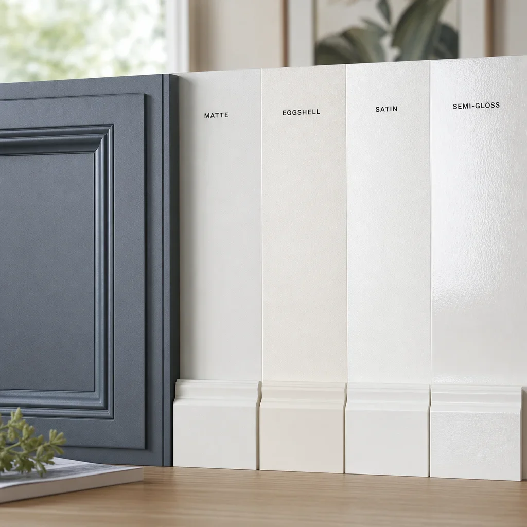 A close-up comparison of paint sheen on cabinet, wall, and trim samples.