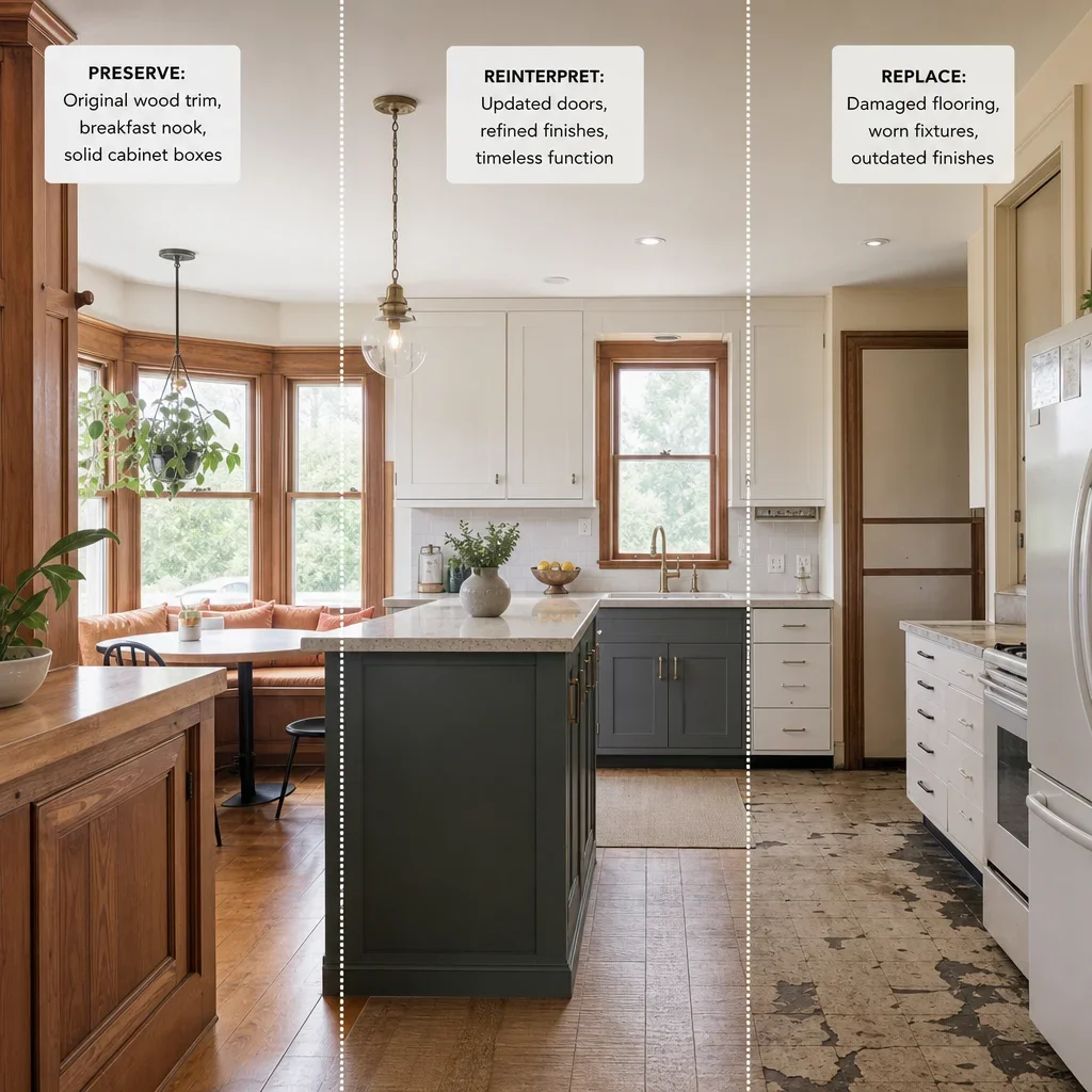 A kitchen showing elements to preserve, replace, and reinterpret during renovation.