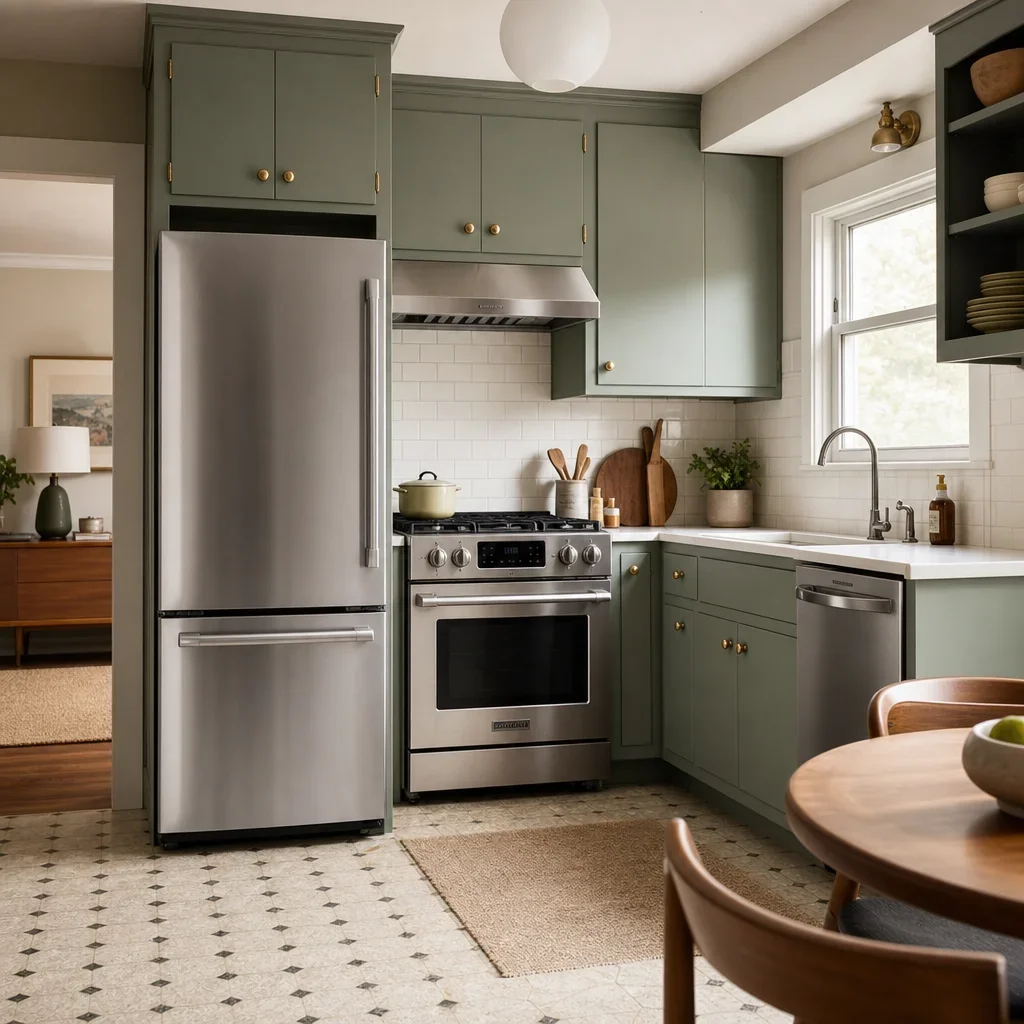 A retro-inspired kitchen showing how appliance finishes affect the overall look.