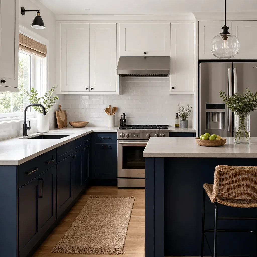 A small kitchen with dark lower cabinets balanced by light uppers and counters.