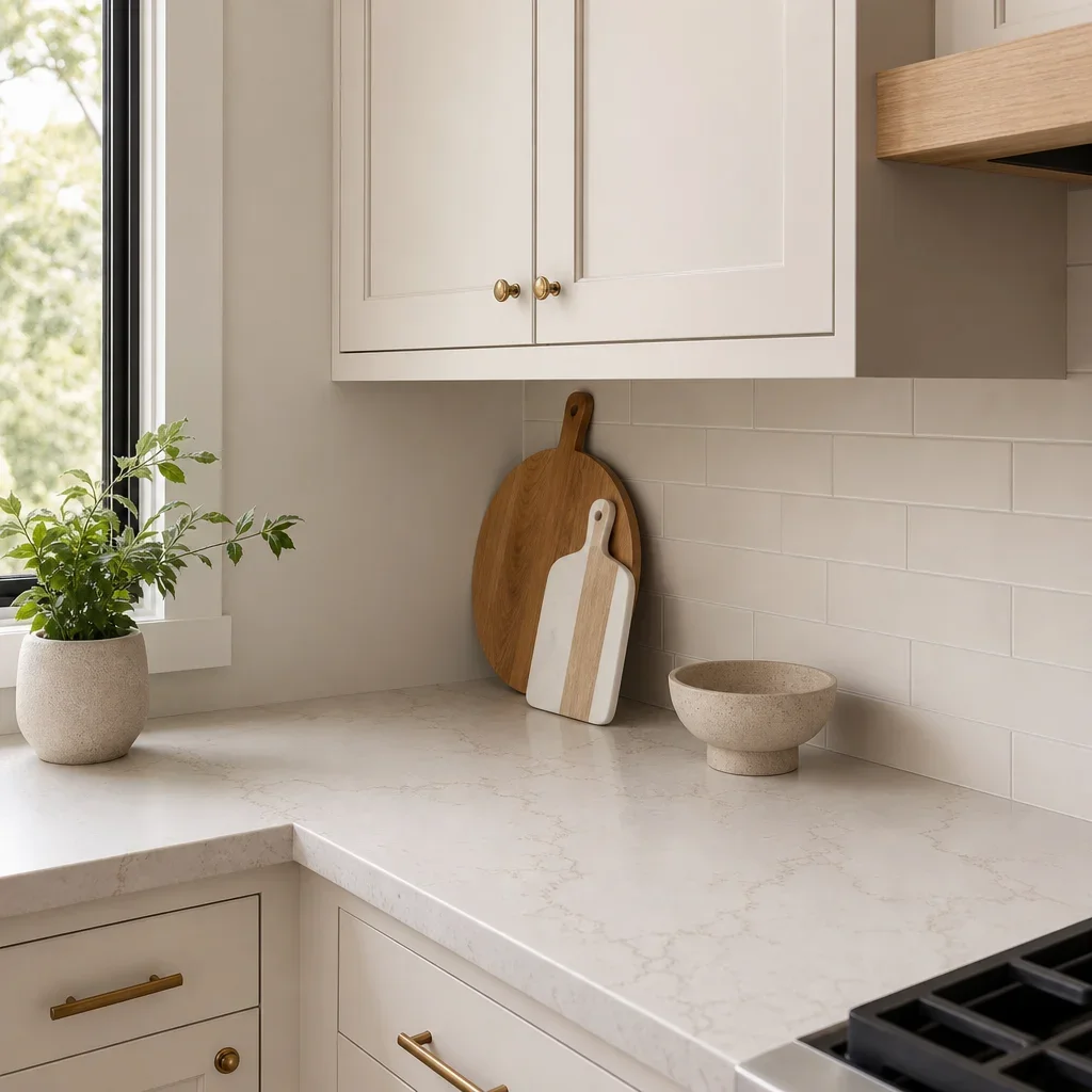 A small kitchen showing coordinated cabinet, backsplash, and countertop finishes.
