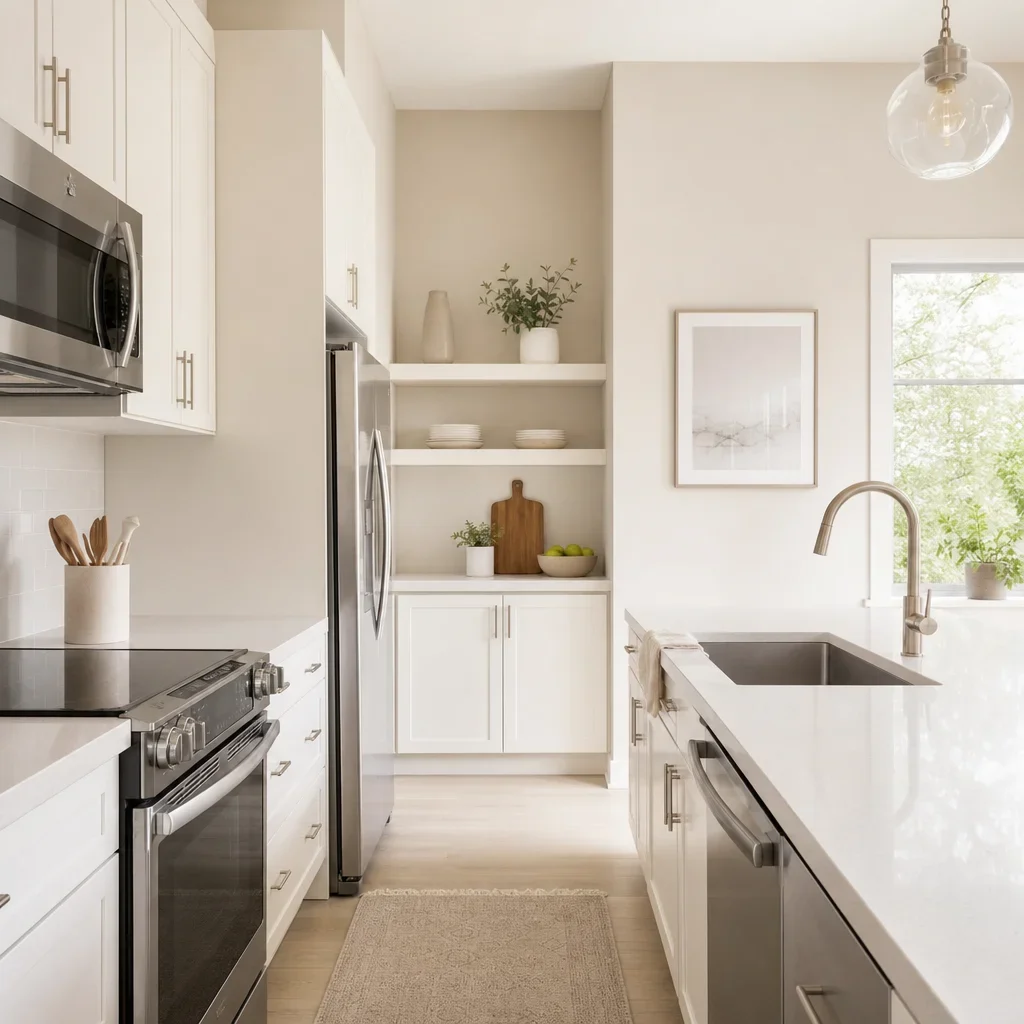 A bright small kitchen with light, low-contrast finishes that make it feel larger.