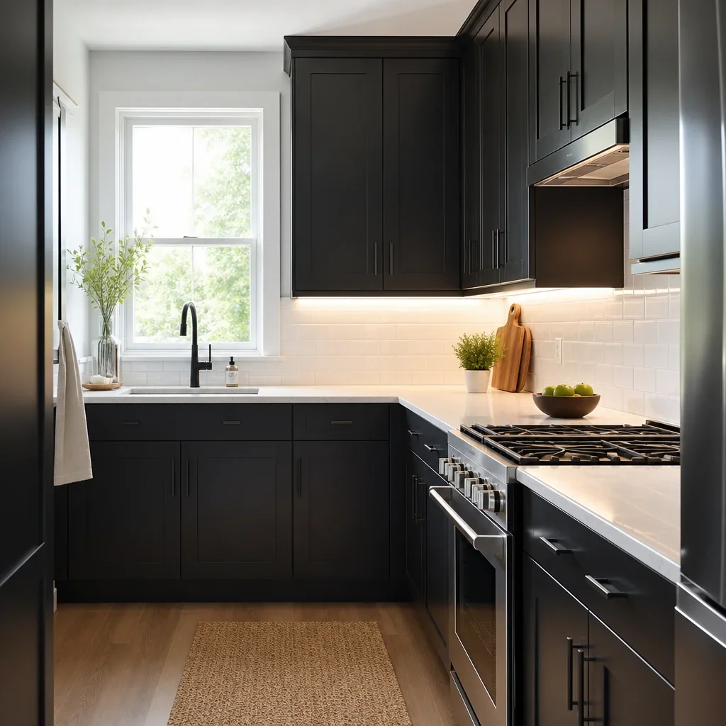 Small kitchen with dark cabinets, light backsplash, and under-cabinet lighting.