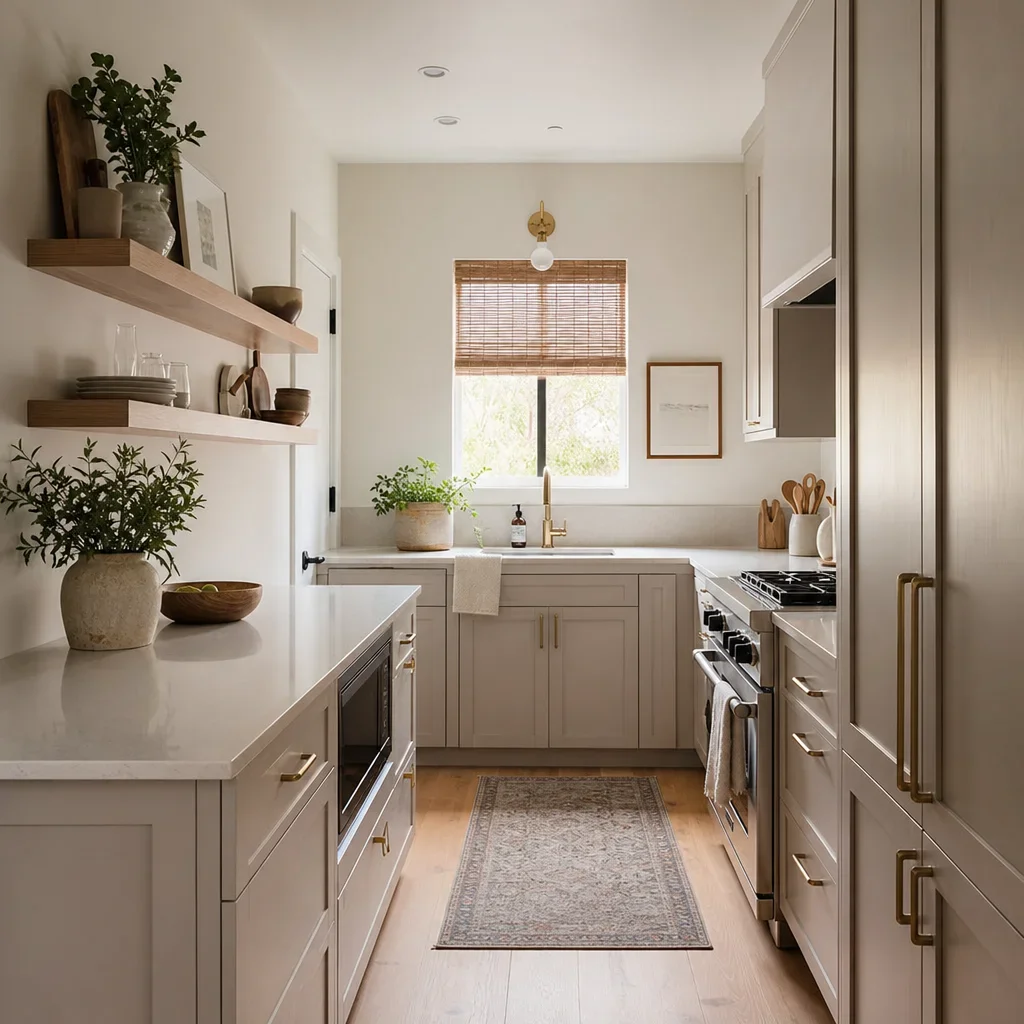 A small kitchen in soft greige and warm off-white with light wood accents.
