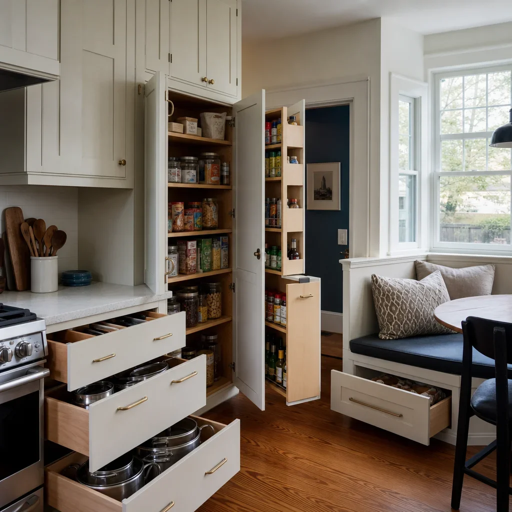 A small 1950s kitchen with drawers, pantry storage, and a banquette with hidden storage.