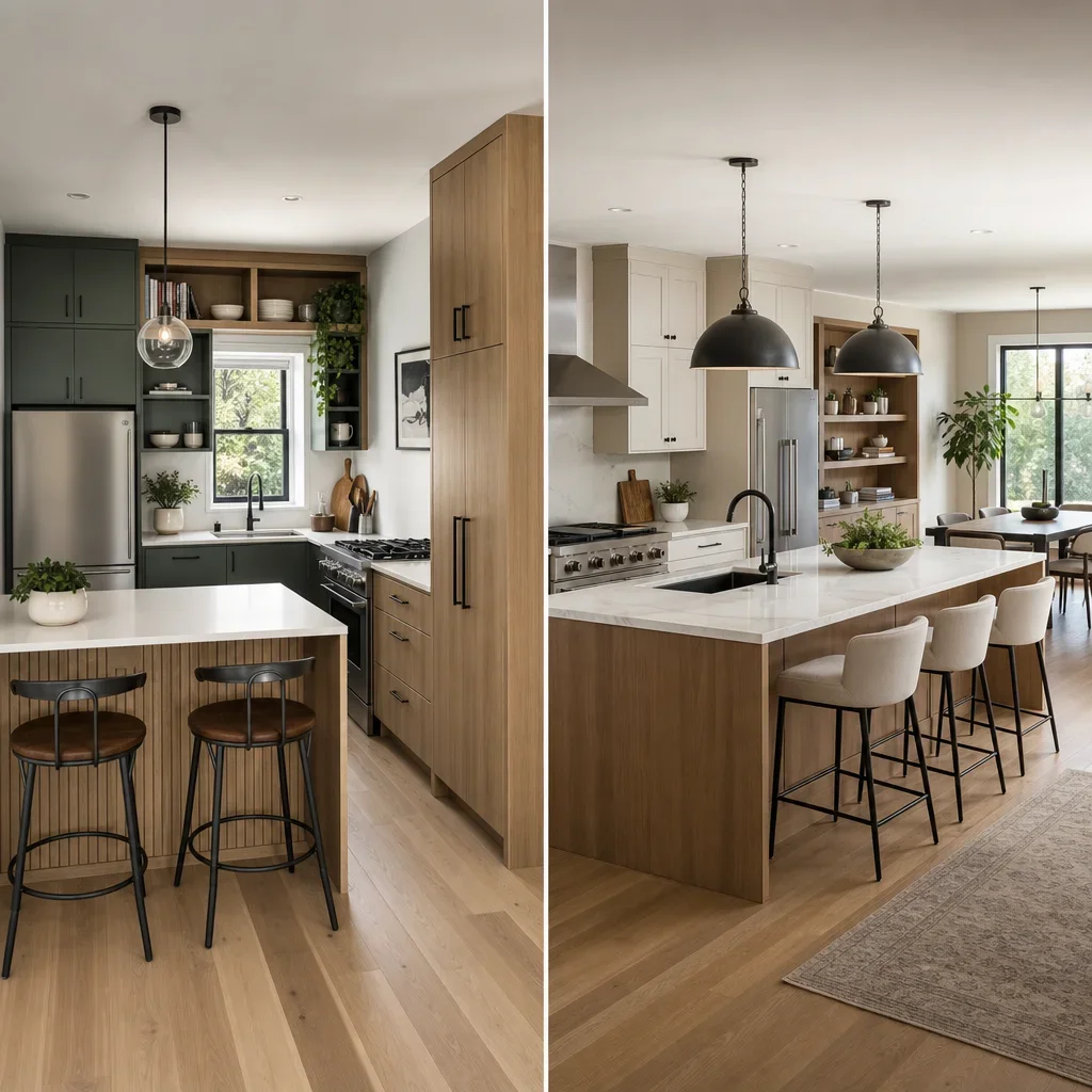 Comparison of a small kitchen with a peninsula and a large kitchen with an island.