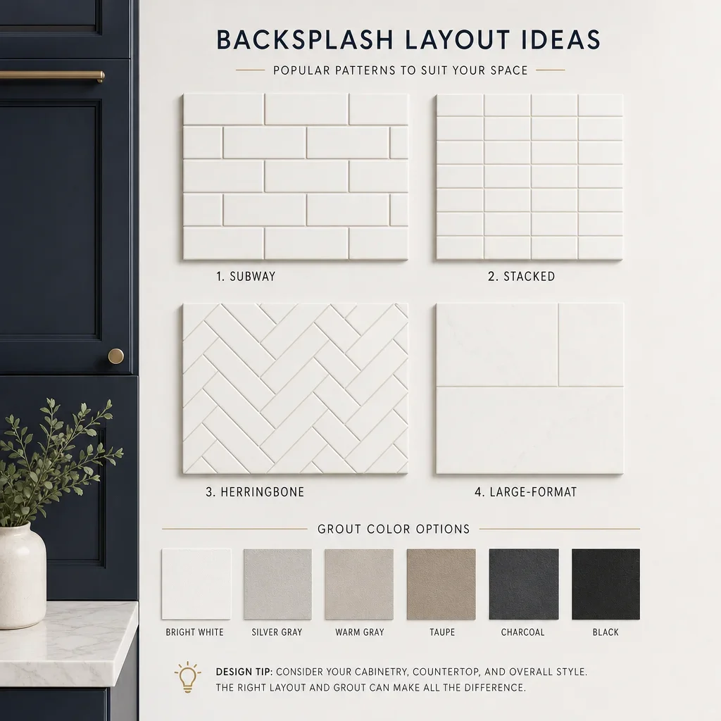 Diagram showing different backsplash tile layouts and grout options beside dark cabinets.