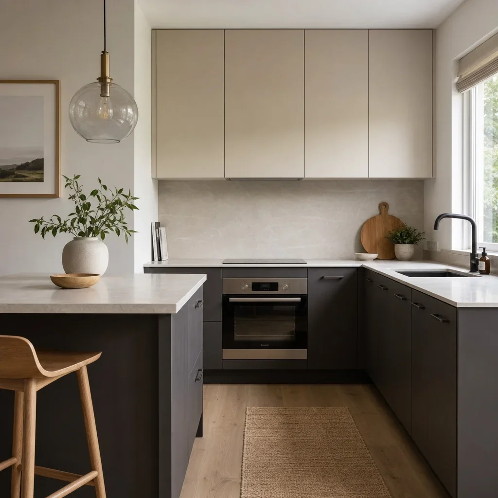 A calm two-tone small kitchen with lighter uppers and darker lowers.