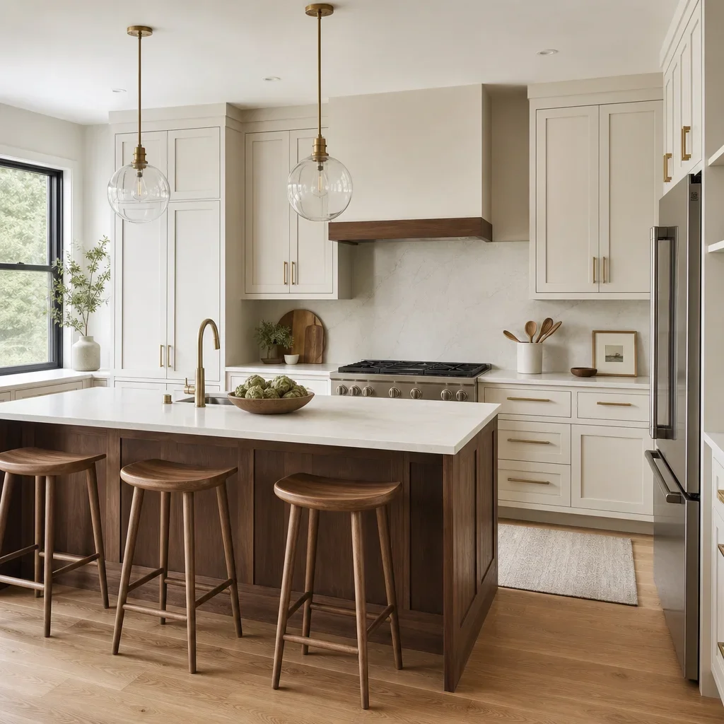A two-tone kitchen with white perimeter cabinets and a walnut island.