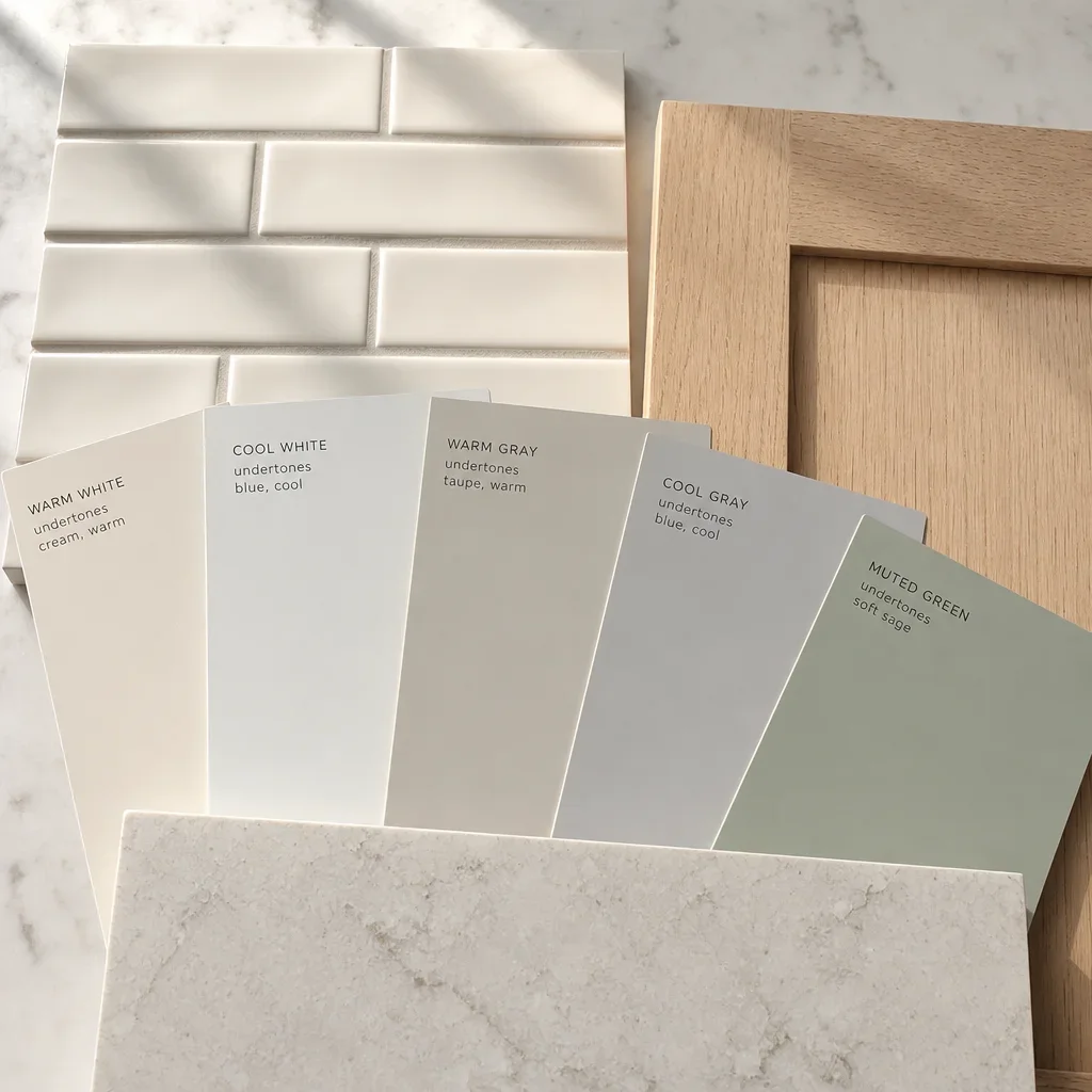 A close-up comparison of paint and material samples showing warm and cool undertones.