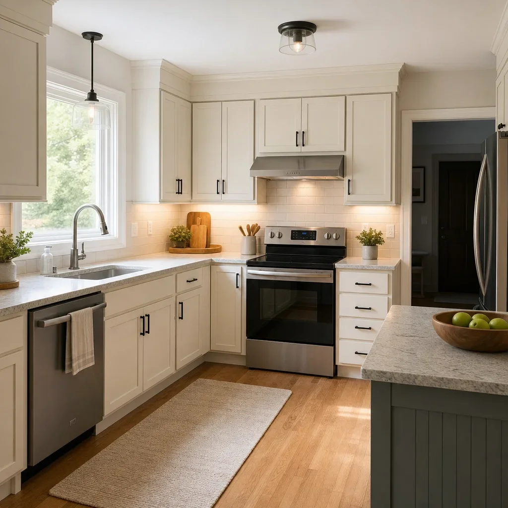 A lightly updated 1950s kitchen with painted cabinets, new hardware, and refreshed surfaces.