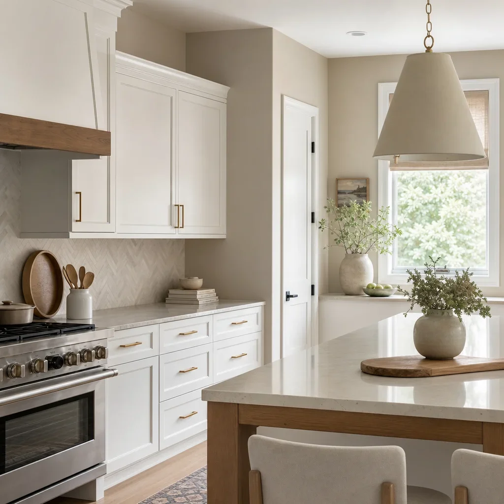 White kitchen cabinets paired with soft greige walls and light stone counters.