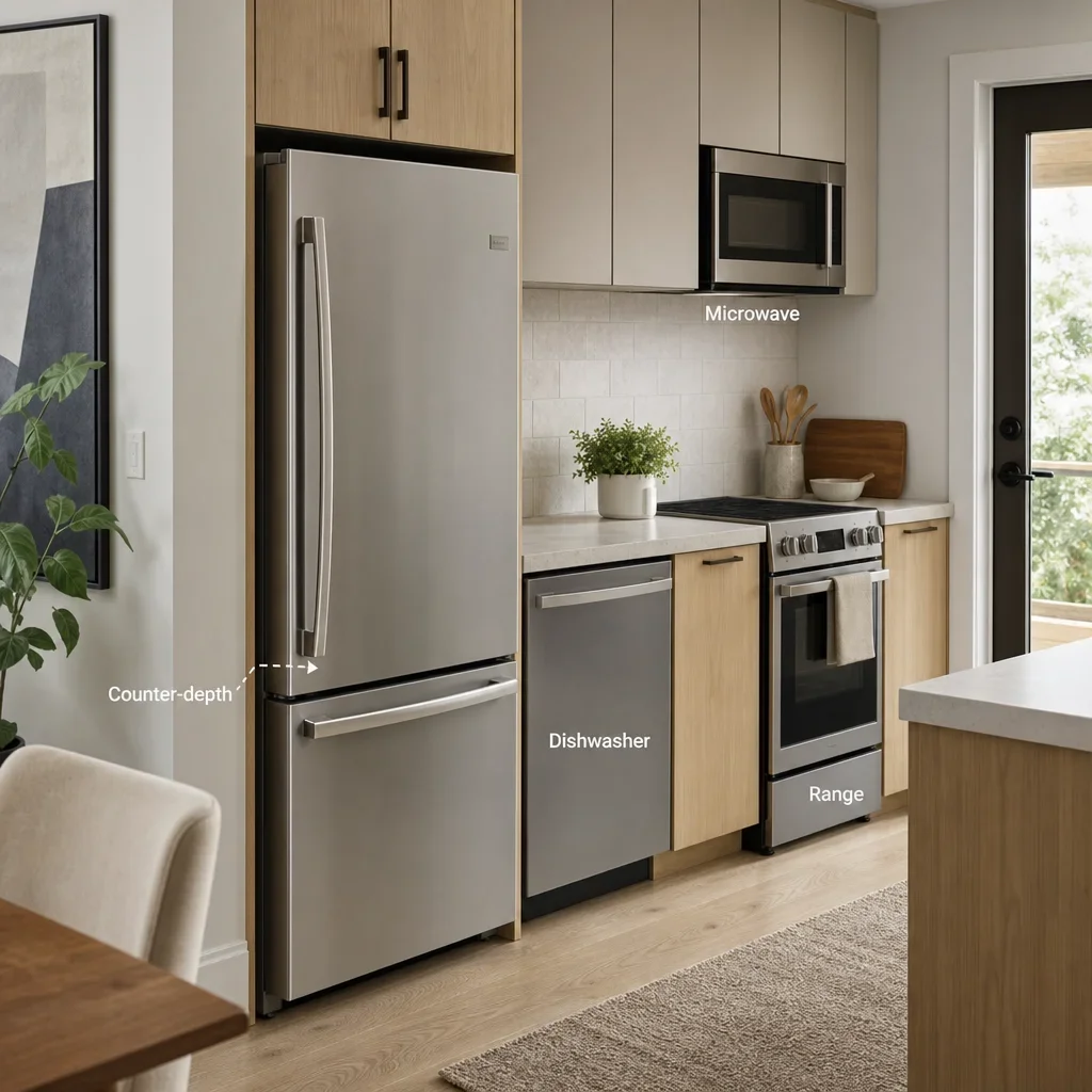 A compact kitchen showing space-saving appliance sizing and placement.