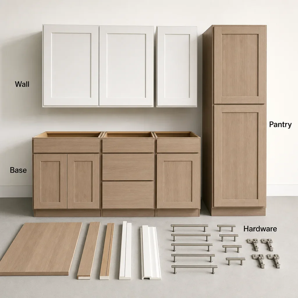 A neat display of cabinet components commonly included in a 10x10 kitchen package.