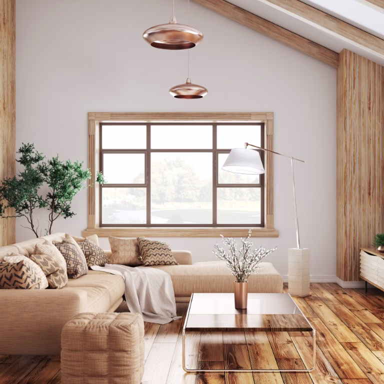Living room finished in warm neutral tones