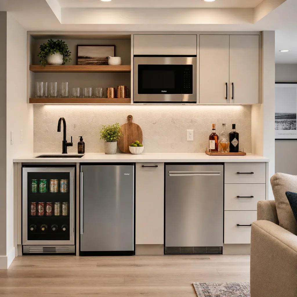 A compact basement kitchenette with a practical appliance package.