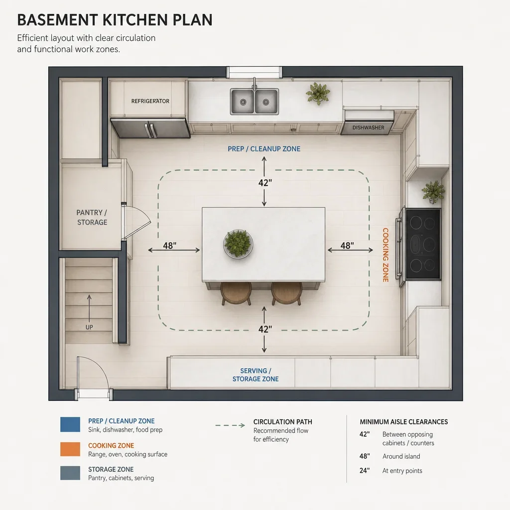 A diagram showing basement kitchen layout clearances and circulation paths.