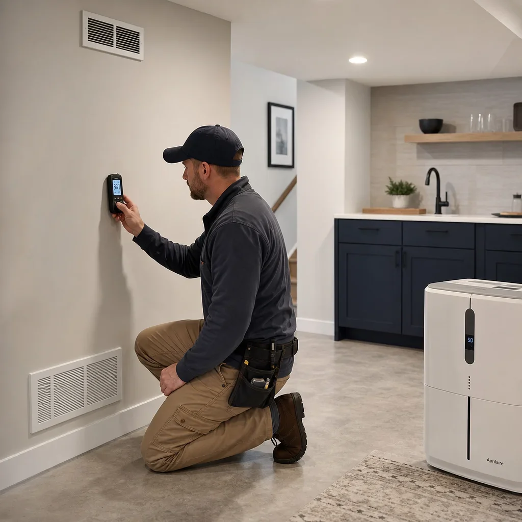 A contractor checking humidity and HVAC conditions in a basement kitchen.