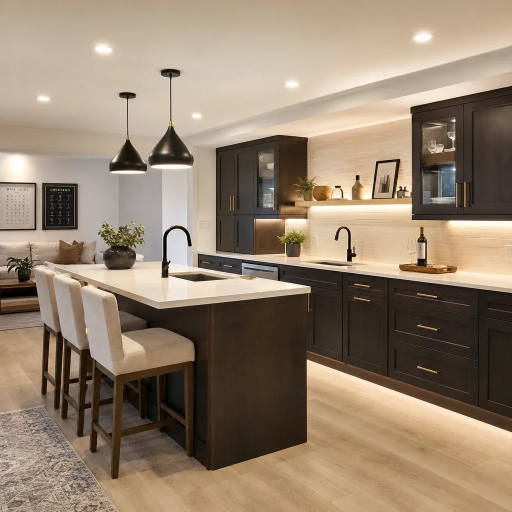 A basement kitchen lit with recessed lights and undercabinet lighting.