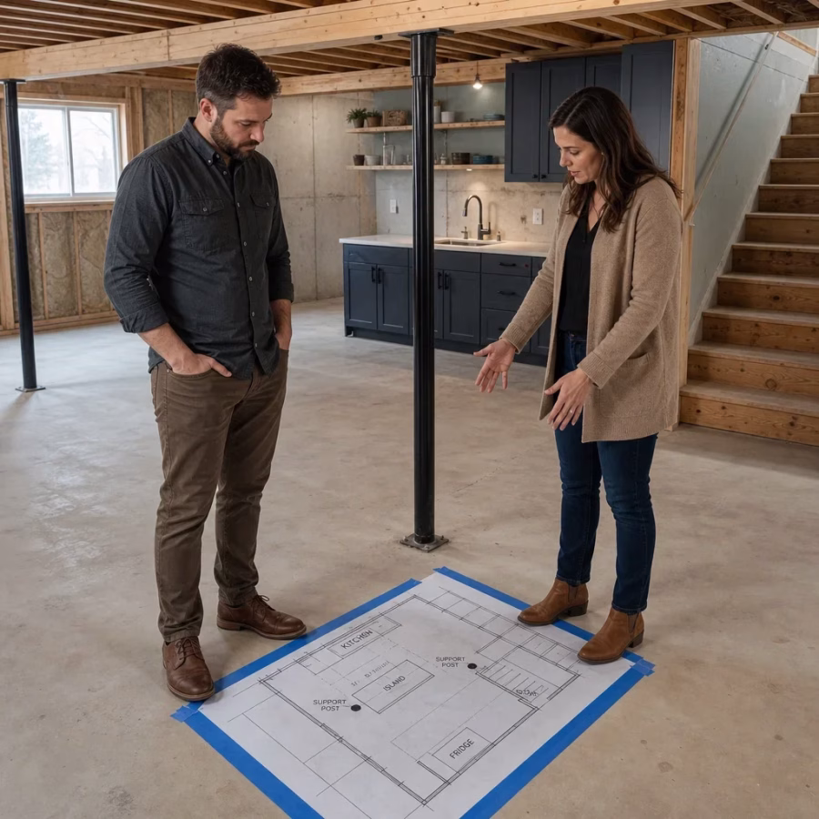 basement kitchen layout planning space constraints 1930