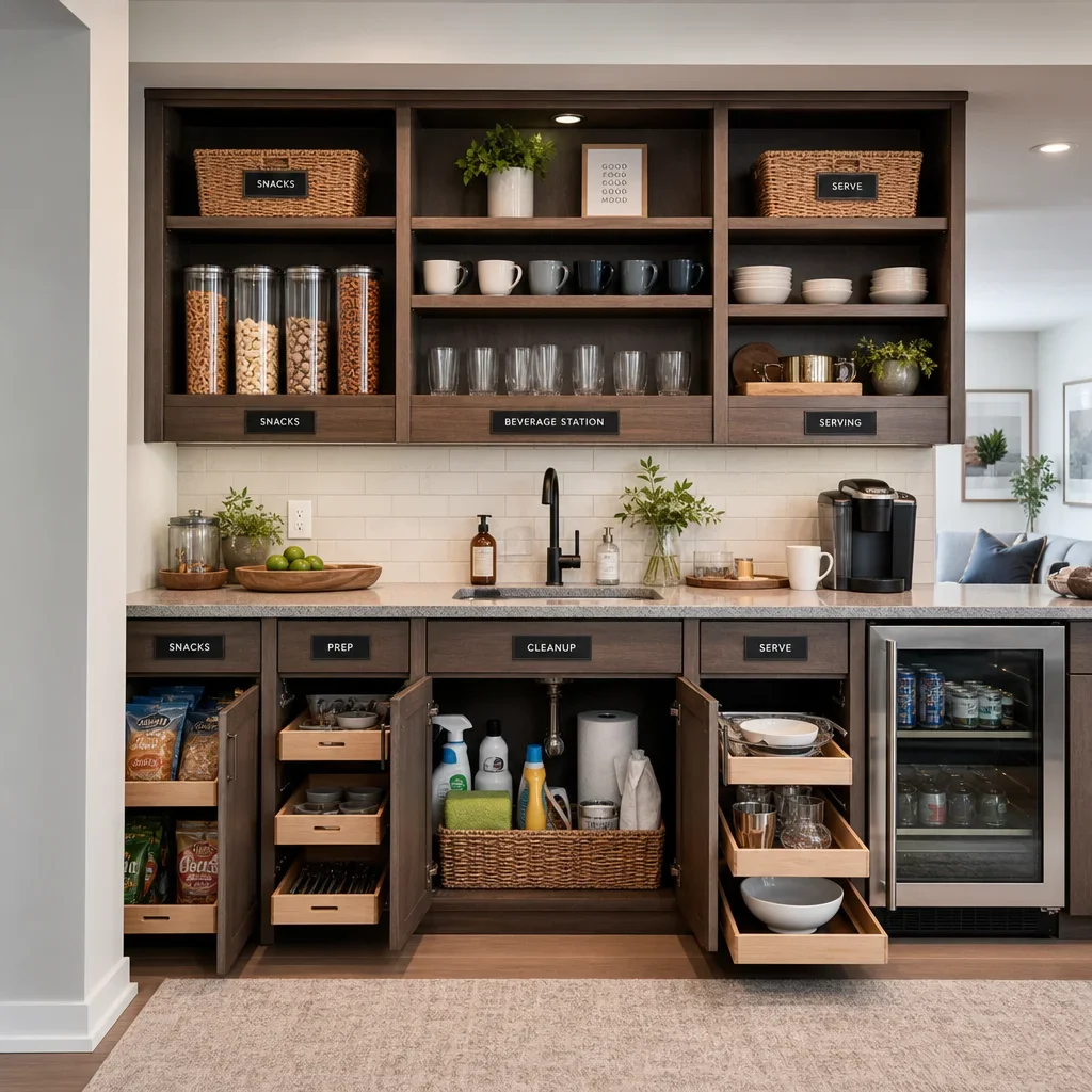 A basement kitchen organized into prep, snack, beverage, cleanup, and entertaining zones.