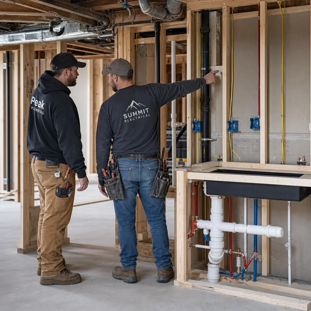 Tradespeople inspecting plumbing, ventilation, and electrical rough-ins for a basement kitchen.