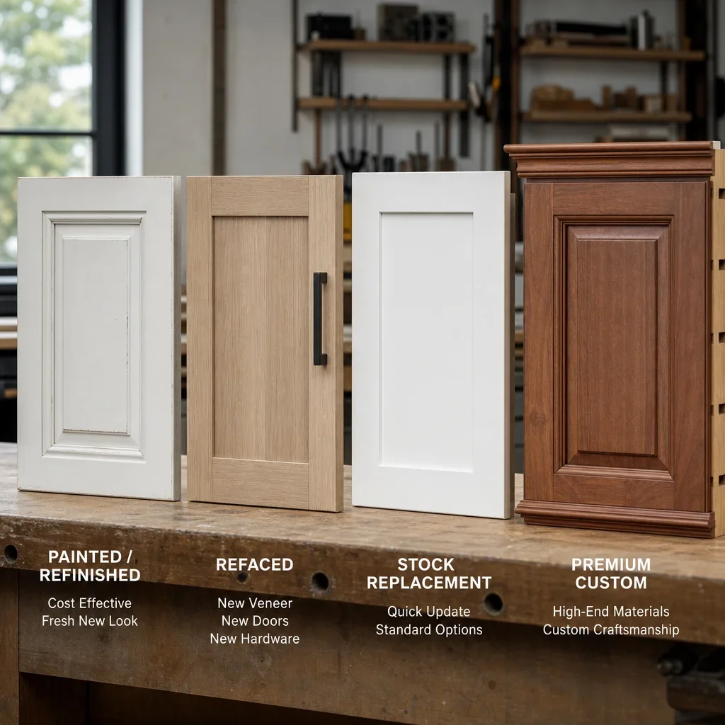 Four cabinet samples showing refinishing, refacing, replacement, and custom quality.