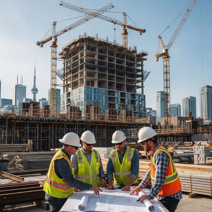 construction site in toronto with workers discussing blueprints highlighting building permits and renovations adffb36c 9b19 4193 b060 69ac220c675b