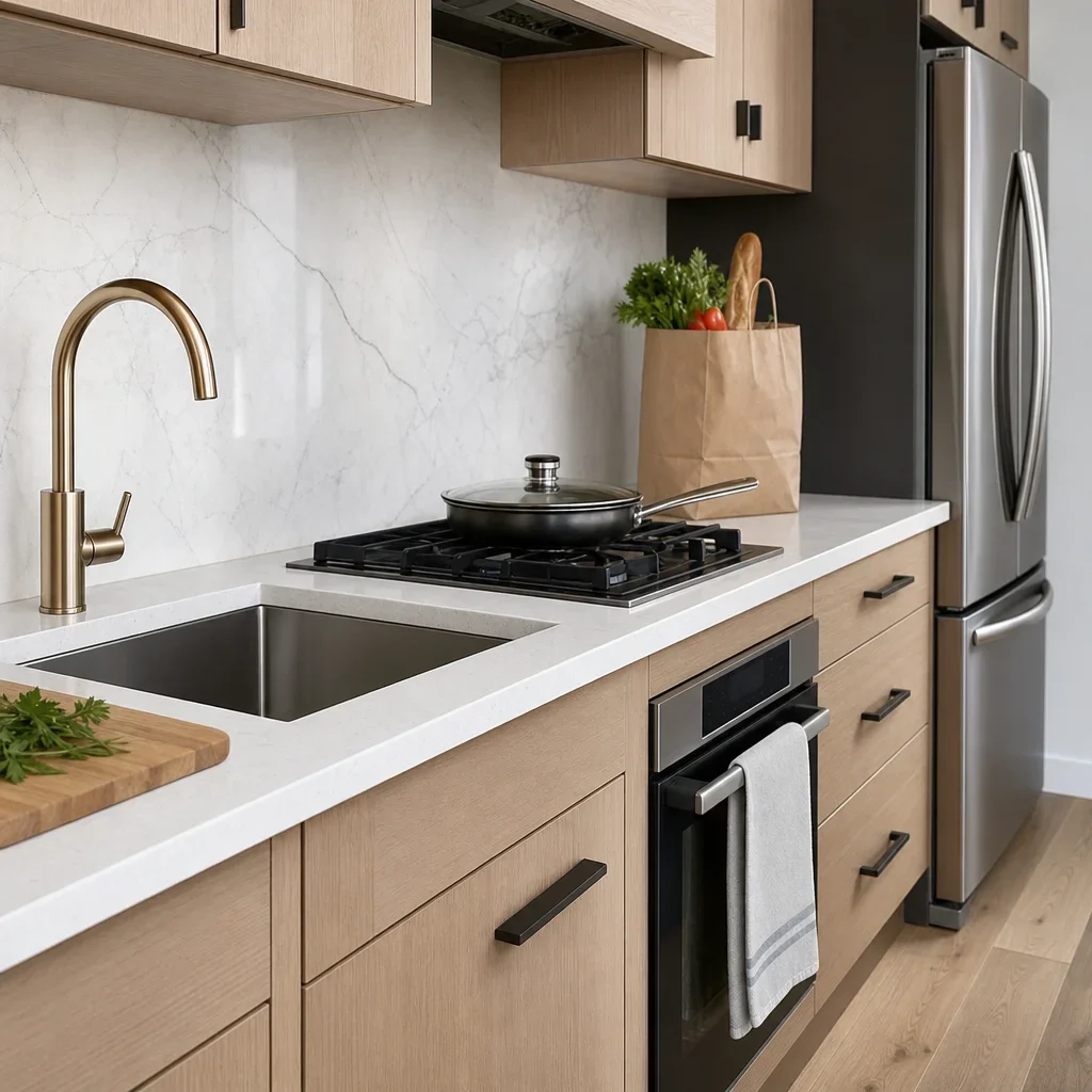 A kitchen counter layout showing landing space beside the sink, stove, and fridge.