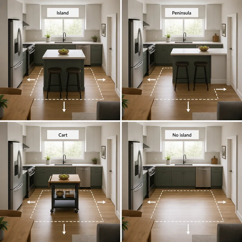 A small kitchen layout comparison showing island, peninsula, cart, and no-island options.