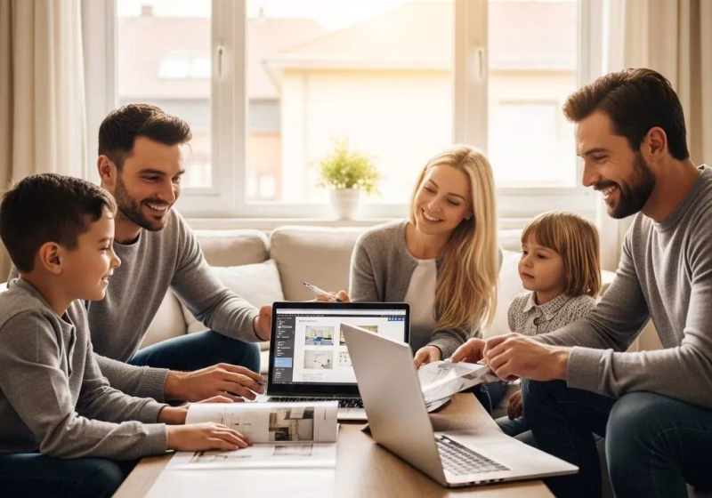family discussing home renovation plans in a cozy living room 862fd245 56fd 4c8f b509 cee21b9d676c