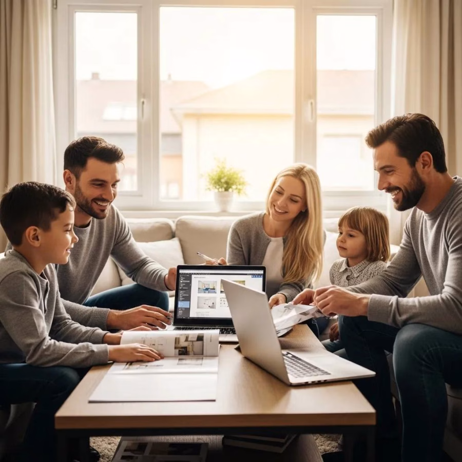 family discussing home renovation plans in a cozy living room 862fd245 56fd 4c8f b509 cee21b9d676c